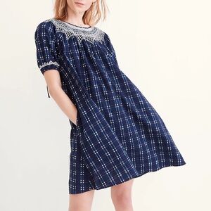 Madewell Embroidered Puff-Sleeve Babydoll Dress in Indigo Plaid